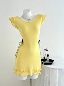 SHEIN Unity Women's Vacation Casual Solid Color Hollow-Out Lace-Up Fitted Mini Knitted Dress - Yellow - View 3