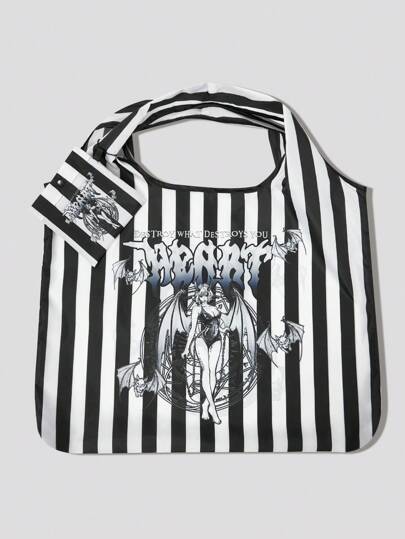 Grunge Punk Large Capacity Foldable Anime Girl Striped Print Shopping Tote Bag With Coin Purse, 1255520