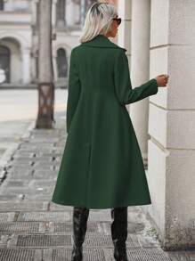 SHEIN Clasi 女式纯色双纽扣口袋长袖大衣，秋冬 - 墨綠色 - 查看 2