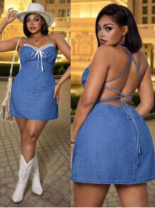 Đầm denim hở lưng viền ren cỡ lớn - Màu xanh lam - Xem 2
