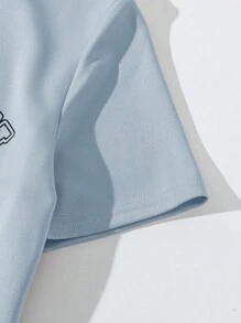 SHEIN Bộ 8 chiếc/bộ áo phông cổ tròn in chữ thoải mái và quần short cho bé trai tuổi teen, thích hợp mặc khi đi làm, đi học, mặc thường ngày, thể thao, mùa xuân/hè - Màu xanh nhạt - Xem 5