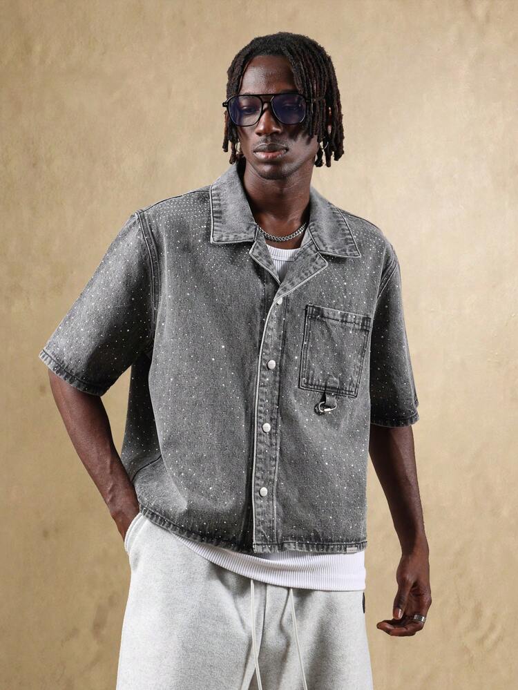 Sparkle Effect Denim Button Down Shirt With Chest Pocket