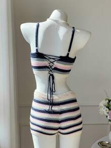 Comfortcana 2pcs Women Contrast Striped Cropped Camisole & Shorts Set,Low Rise - Multicolor - View 2