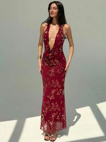 Aloruh Stylish Deep V-Neck Sequin Dress For Music Festival Party - Burgundy - View 7