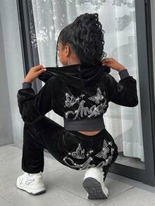 Tween Girl Velvet Rhinestone Hoodie & Fitted Pants 2pcs Suit Set, Fashion Casual Outfit For Halloween, Christmas Party, Weekends, Casual Outing Fall Winter - Black - View 1
