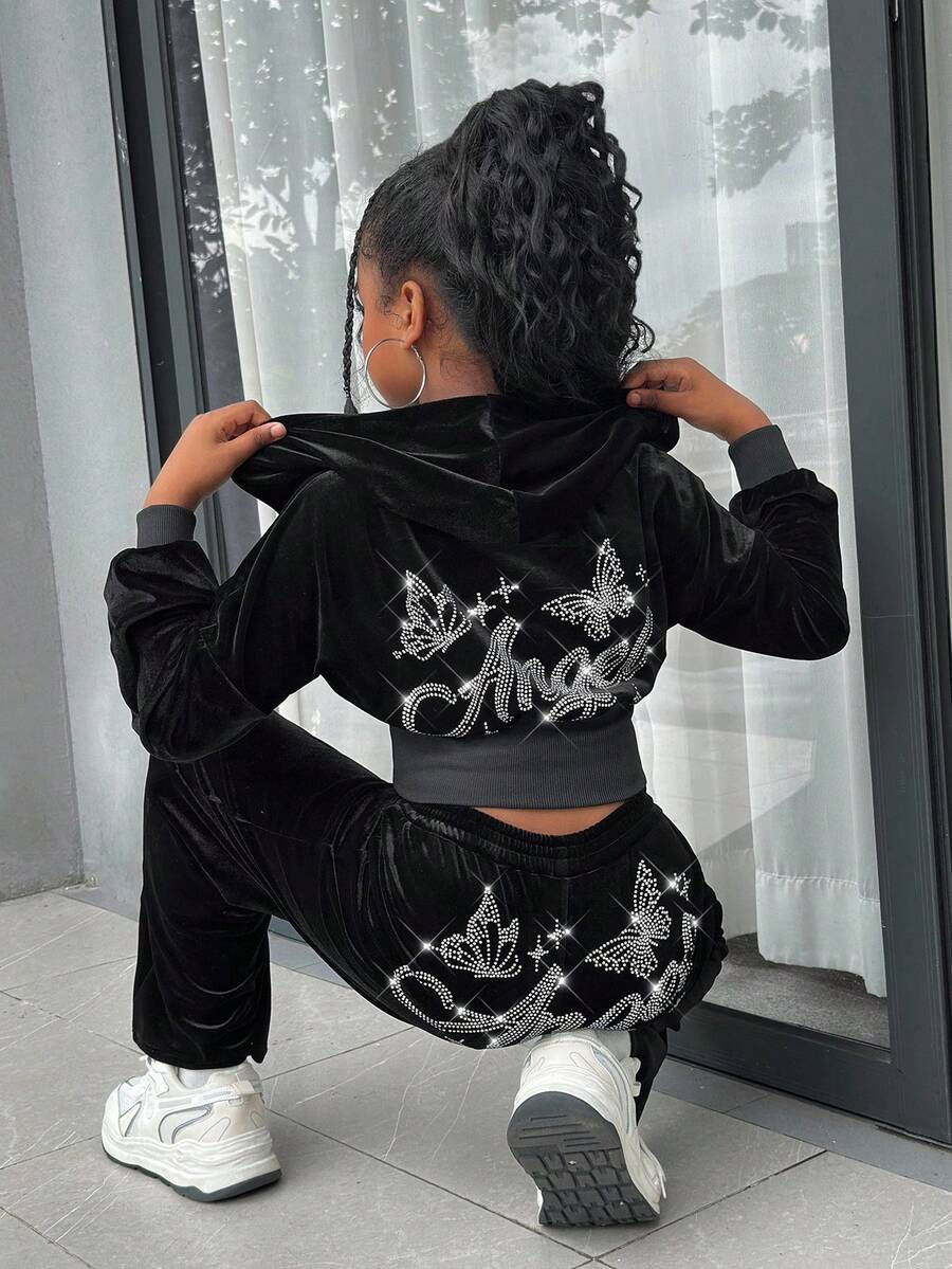 Tween Girl Velvet Rhinestone Hoodie & Fitted Pants 2pcs Suit Set, Fashion Casual Outfit For Halloween, Christmas Party, Weekends, Casual Outing Fall Winter - Black - View 1