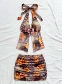 SHEIN x Eduarda Gutierrez Soleia مجموعة قطعتين نسائية مكونة من توب شبكي مربوط من الخلف بطبعة زهور وتأثير صبغ التعتيق، وتنورة ضيقة مطوية، مناسبة للحفلات والمواعيد وحفلات الشاي والشاطئ والكرنفالات وأجواء الصيف البوهيمية، مجموعة قطعتين استوائية بوهيمية، مجموعة قطعتين بطبعة نمر، مجموعة قطعتين بطبعة زهور - متعدد الألوان - مشاهدة 5