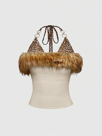 J-Fashion Blusa para mujer con cuello halter, hombros descubiertos, de estampado de leopardo y peludo, estilo vintage Harajuku Y2K