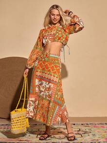 Bóhologie Koszula z długim rękawem i spodnie z nadrukiem retro, zestaw damski, 2 części, koszule i spódnica, zestaw w stylu boho z nadrukiem retro, elegancki, zestawy damskie, zestaw, stroje świąteczne, stroje świąteczne dla kobiet, strój na lotnisko dla kobiet, jesienne stroje damskie - Wielokolorowe - Zobacz 4