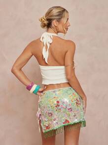 Lumalex Mùa thu Khiêm tốn Tiền cũ Kỳ nghỉ Tiệc tùng Rave hàng đầu Đi chơi Bơi lội Kỳ nghỉ Bohemian BOHO Biển Bãi biển Nóng Ngoài trời Nhiều lớp Mùa cưới Tiệc Tiệc Lễ trưởng thành Bãi biển Bờ biển Tua pha lê Váy ngắn eo rút dây có thêu sequin Họa tiết trừu tượng - màu xanh lá - Xem 2