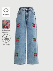 Tween GirlsLight Washed Denim Jeans With Sweet Embroidered Butterfly & Cherry Blossom Patterns, Comfortable Casual Outdoor Elastic Waist Wide-Leg Pants