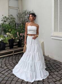 Sunnyshic 2pcs Set White And Pink Linen Top With Embroidered Ruffle Trim & Bow Decor + A-Line Long Skirt,Summer Elegant Vacation Holiday Wedding Outfit Women - White - View 3
