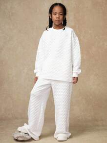 SHEIN Explorewe 2pcs/Set Tween Girls Textured Knit Intarsia Solid Diamond Pattern Loose Fit Crew Neck Oversized Sweatshirt, Versatile For Casual Wear, Back To School, Outing, Home, Hip-Hop, Music Festival, Warm Spring/Autumn,ChicAutumn,Halloween, Christmas - White - View 6