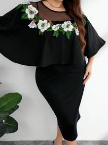 Modelyn 大码女式两件套蕾丝花边吊带上衣和紧身裙 - 黑色 - 查看 5