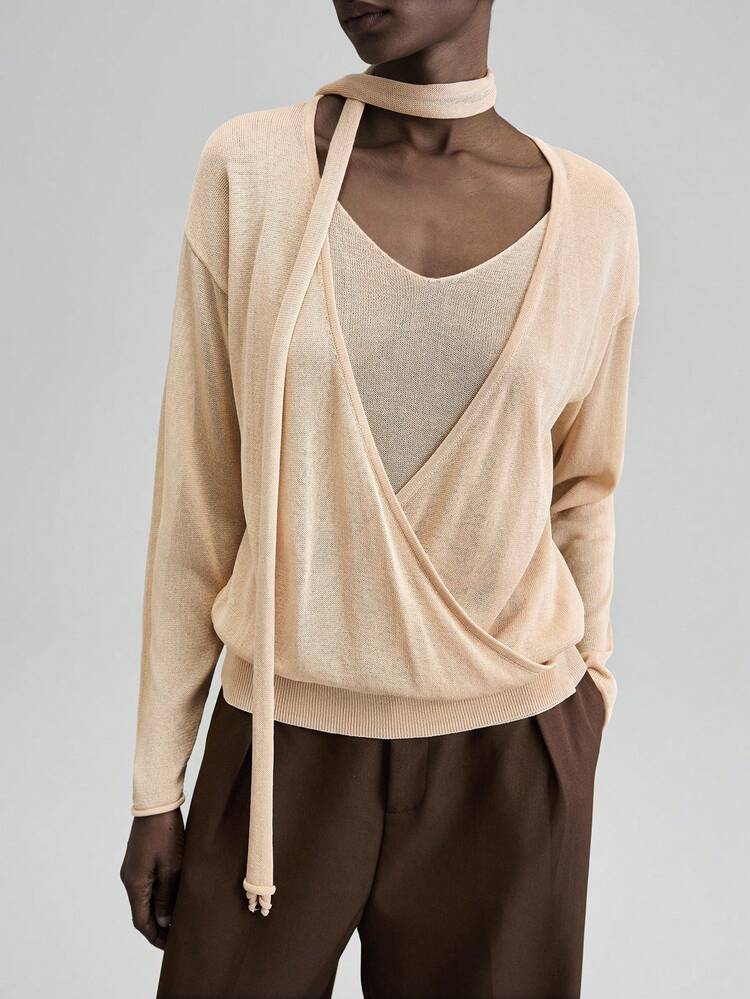 Apricot Color Minimalist Comfortable Knit Top, 2 In 1, Long Sleeve, Suitable For Early Autumn, Daily Wear, Minimalist Style, Business Attire, Business Commute, Casual Wear, Women's Blouse