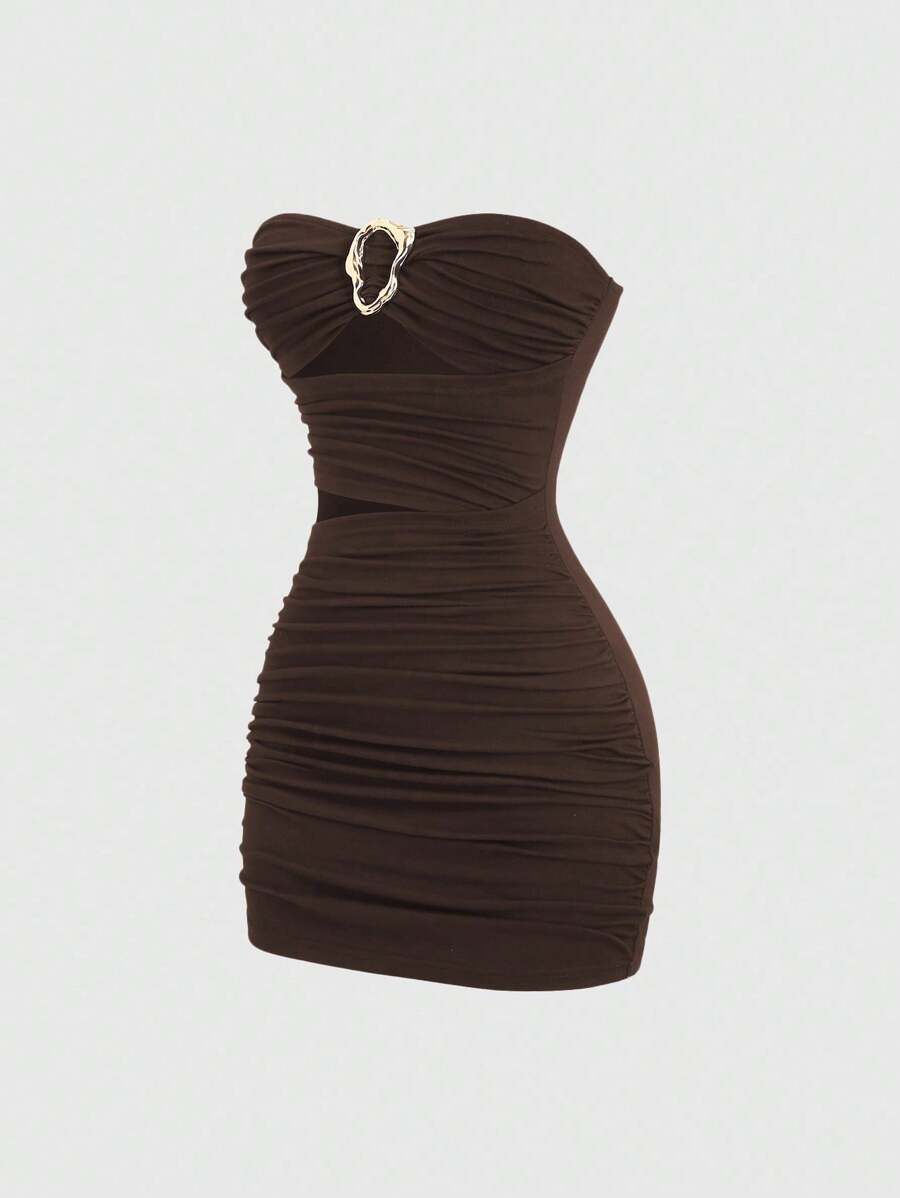 Sweetra 女式性感金属扣紧身吊带迷你连衣裙 - 摩卡棕 - 查看 1