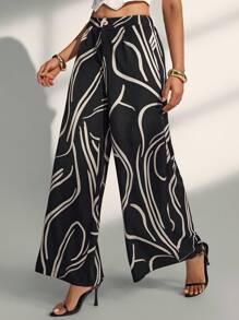 Almamuse Women's Elastic Waist Asymmetrical Geometric Pattern Wide Leg Pants Fall Casual Spring - Black - View 4