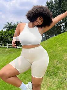 SHEIN EZwear 2 件套女士加大码杏色冰丝速干功能性面料休闲户外运动无收缩高腰紧身瑜伽短裤，适合作为打底裤 - 杏色 - 查看 1