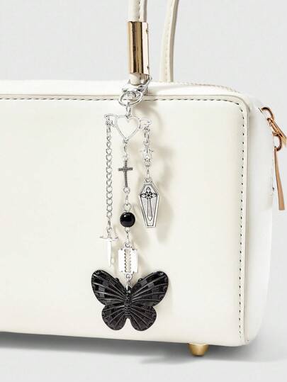 Goth Colgante llavero de cruz y mariposa, estilo sweet punk, soporte creativo de cadena de mariposa para auriculares, decorativo