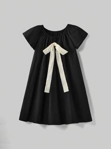 Ontre Tween Girls' Loose Fit Round Neck Bow Decor Casual Dress - Black - View 1
