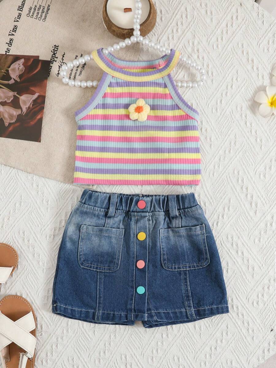 SHEIN 女婴夏季休闲日常条纹 3D 花朵背心和撞色牛仔迷你裙套装 - 藍色 - 查看 1