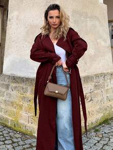Jeta Ari New Windproof Coffee Color Versatile Extra Long Cinched Waist Double Breasted Decorative Button Down Trench Coat With Oversized Collar, British Style - Burgundy - View 6