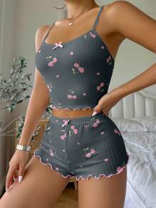 SHEIN In Anh đào Áo ba lỗ Và Quần short Của phụ nữ Bộ mặc nhà - Màu xám đen - Xem 3