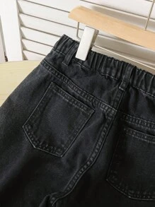 时尚少女牛仔裤，带有可爱的刺绣蝴蝶结设计，适合日常穿着 - 黑色 - 查看 3