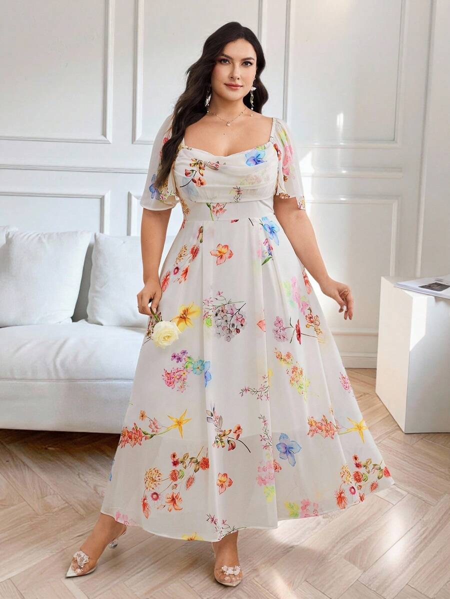 Modelyn Plus Size Women Floral Print Sweetheart Neck Flutter Sleeve Ruched Waist Casual Summer Vacation Dress - Multicolor - View 1