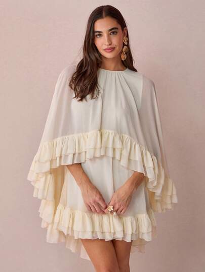 Enchnt Fall/Winter Romantic Women's Creamy White Cape Ruffle Hem Mini Dress,Sweet&Elegant For Vacation&Date&Holiday&Birthday&Party&Graduation&Wedding Guest&Office&Going Out&Boho Chic,Prom Dress,Autumn Dresses For Women,Fall Clothes,Autumn Outfits For Women,Back To School,Elegant Dresses For Party,