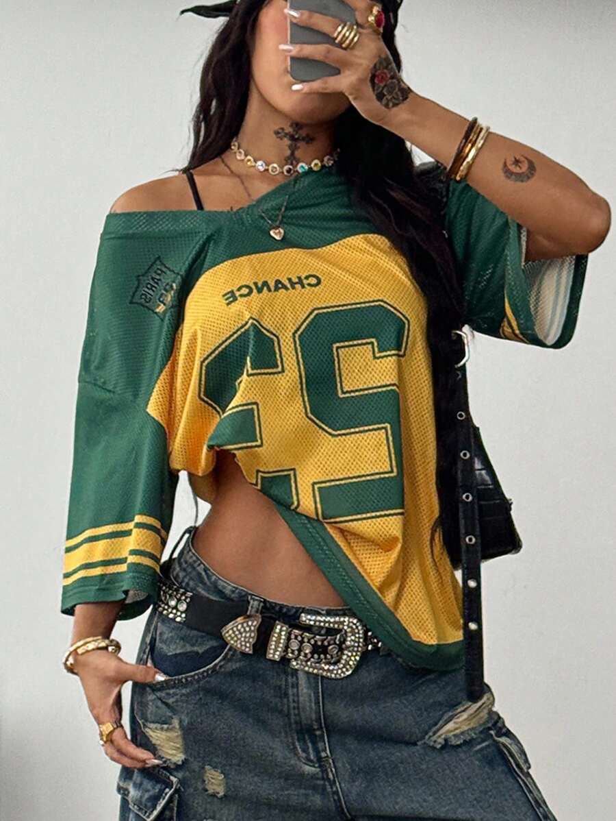 SHEIN Coolane Camisetas con cuello en V y malla transpirable de estilo deportivo y urbano para mujer, tipo jersey de Brasil para el verano - Multicolor - Ver 1