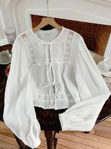 Comfortcana Camicetta oversize casual da donna a maniche lunghe, di colore tinta unita semplice con fiocco - Bianco - Visualizzare 6