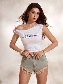 Shutterstock Women Casual 3D Floral Decor Asymmetrical Collar Fashion Fitted Top Summer White Graphic Crop Top Club Tops For Women Baddie Tops Y2K 2000s Cute Top Back To School Club Sexy - White - View 6