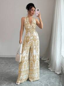 Elenzga 女士度假波西米亚风露肩连体裤、无袖夏季服装、复活节连体衣 - 卡其色 - 查看 4