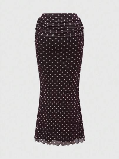 Jupe vintage romantique à volants avec imprimé pois sur tout le corps et ourlet de sirène, idéale pour la rentrée scolaire pour femmes