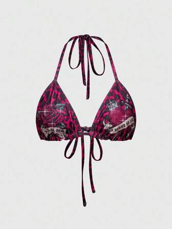 Grunge Punk Y2K Style Rose & Heart Graphic Rhinestone Embellished Bikini Top