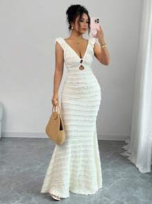 Rafferiza Váy nghỉ mát hở lưng màu trắng cho nữ có cổ chữ V sâu và dáng ôm sát, họa tiết độc đáo - trắng - Xem 6