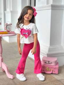 SHEIN 年轻女孩休闲舒适圆领短袖T恤搭配心形蝴蝶结装饰和喇叭裤套装 - 粉色 - 查看 4