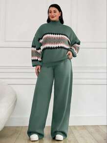 EURMUSE Women's Geometric Pattern High Neck Sweater 2pcs/Set - Mint Green - View 5