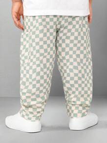 SUMWON 男童棋盘格纹套头运动裤，纯棉材质，春秋季休闲抽绳宽松舒适运动裤，弹性裤脚，街头风度假款 - 綠色 - 查看 2
