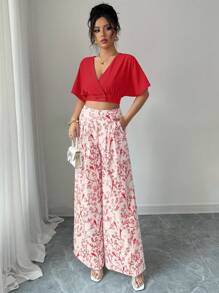 SHEIN Unity 2件套女士夏季V领短袖纽扣衬衫和高腰阔腿裤套装，适合大学生穿着 - 紅色 - 查看 5