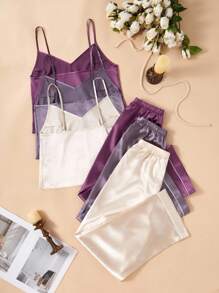 SHEIN 2件套女士纯色仿丝吊带背心和宽松裤休闲套装 - 彩色 - 查看 2