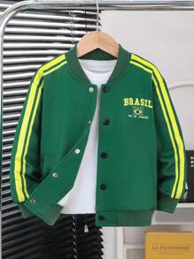 Explorewe 1pc Young Boys Jackets Grass Green Baseball Uniform Long Sleeve Stand Collar Striped & National Flag Print Hoodie Career Day,Autumn Back To School - Multicolor - View 1