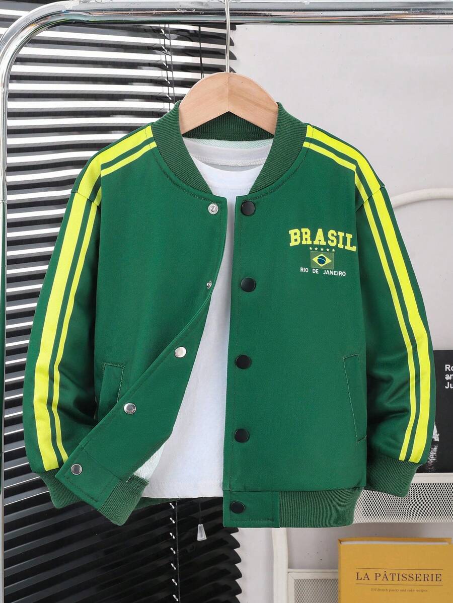 Explorewe 1pc Young Boys Jackets Grass Green Baseball Uniform Long Sleeve Stand Collar Striped & National Flag Print Hoodie Career Day,Autumn Back To School - Multicolor - View 1