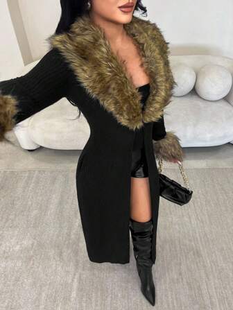 SHEIN SXY Dam casual långärmad kappa med fuskpäls och lapptäcke, moderiktig för höst/vinter, lång svart kofta, lärarjacka för kvinnor, höst, vinter, höst för kvinnor, utetoppar för kvinnor, affärscasual för kvinnor, kontor för kvinnor, flygplats för kvinnor, affärscasual