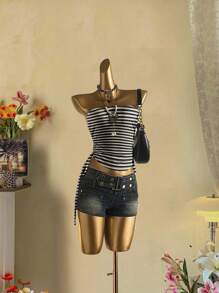 Attitoon Áo ống buộc bèo họa tiết sọc màu tương phản cho nữ, thích hợp cho mùa hè - màu đen - Xem 4