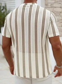 Manfinity Homme 男士夏季条纹圆领短袖休闲镂空T恤男夏上衣男针织上衣男蕾丝网纱衬衫网眼男上衣男钩针上衣