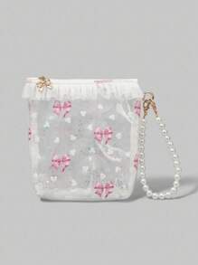 ROMWE Kawaii Bow Pattern: 401422 Transparent PVC Heart Lace Clutch Makeup Bag Coin Purse Earphone Lipstick Portable Storage Bag, Gift - White - View 1