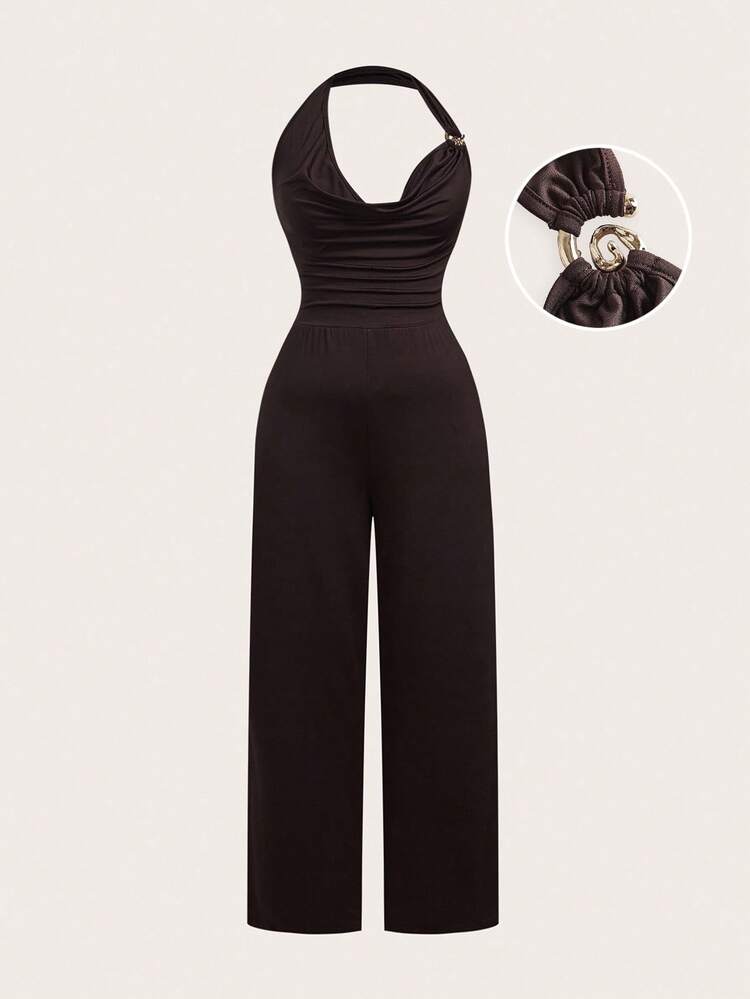 Sweetra Plus Size Metal Buckle Decor Backless Jumpsuit, Waist Cinched Design - Brown - View 1