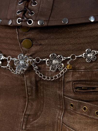 Goth 1pc Women's Silver Hollow Flower Pendant Decoration, Yellow Bohemian Western Style Waist Chain, Versatile Dress Accessory For Daily Wear